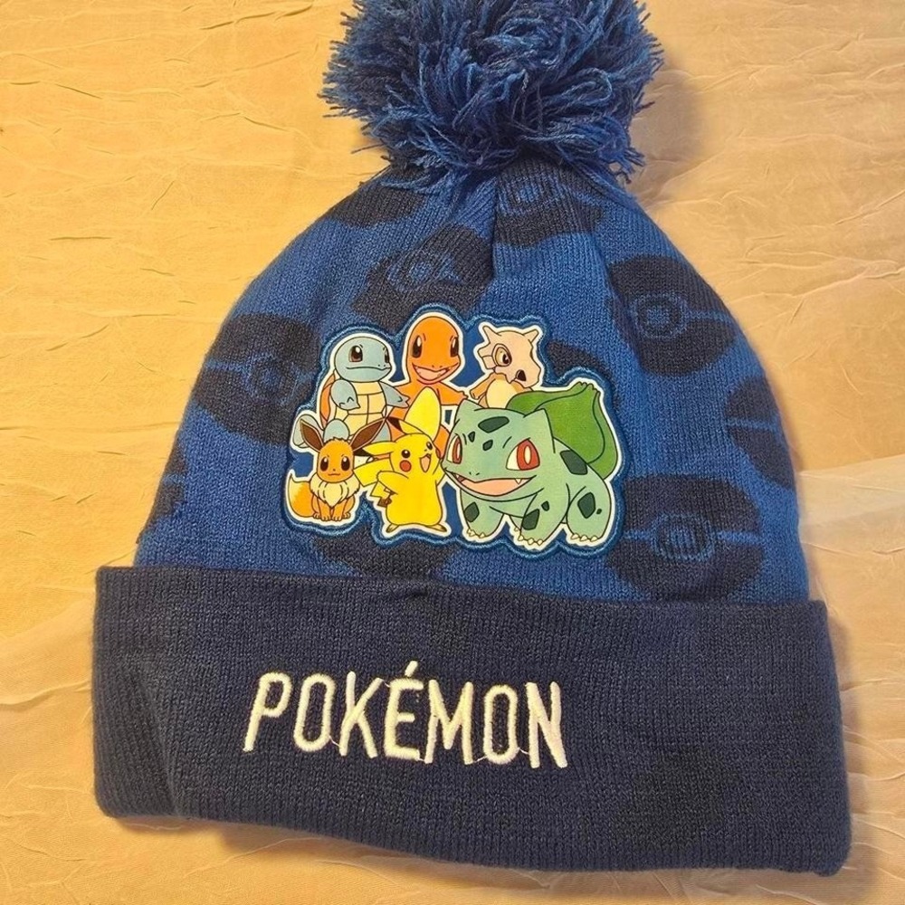 Pokemon Kids Blue Knit Beanie Hat Pikachu Bulbasaur Charmander Pom Pom Beanie